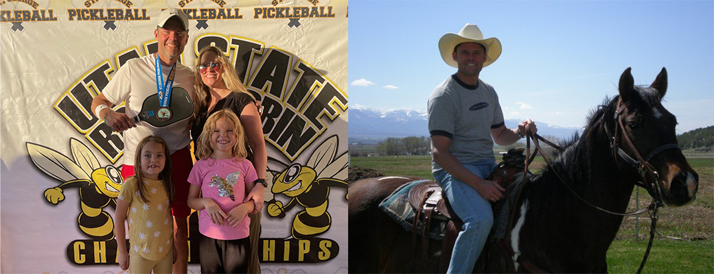 Images of Justin Osmond posing with family after a pickleball competition and riding a horse outdoors